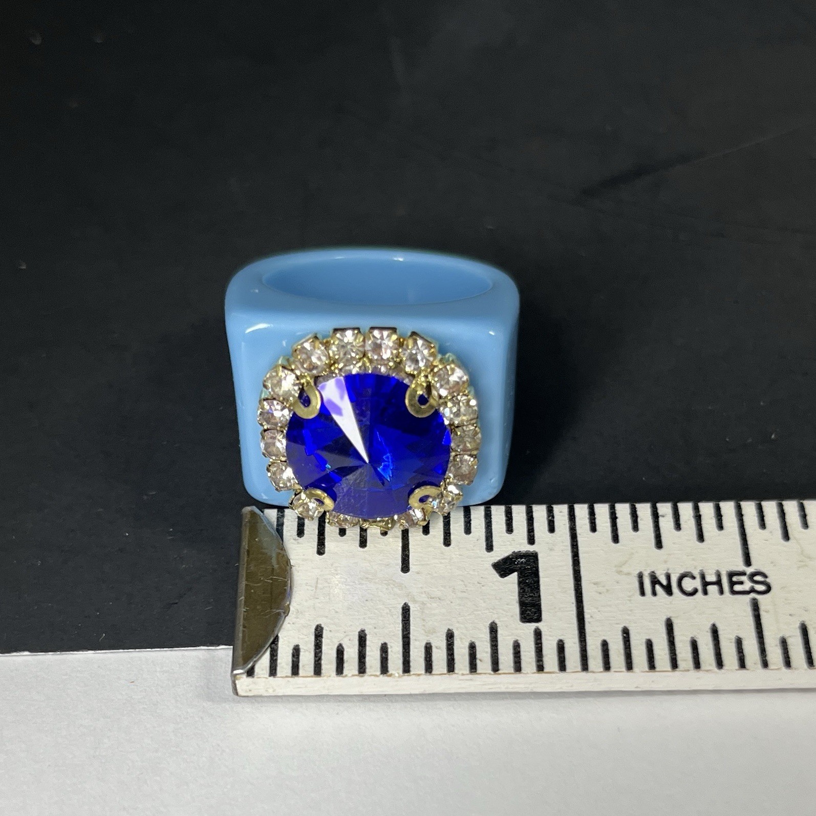 Chunky Lucite Ring Blue Rhinestone Size 7.5 Statement Retro