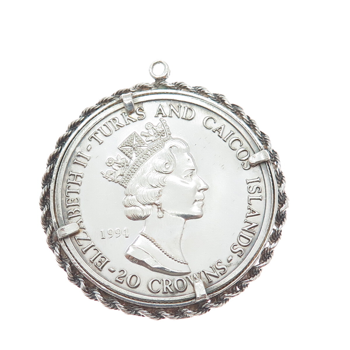 999 Silver Vintage 1994 Turks Caicos Islands 20 Crowns Elizabeth II Coin Pendant