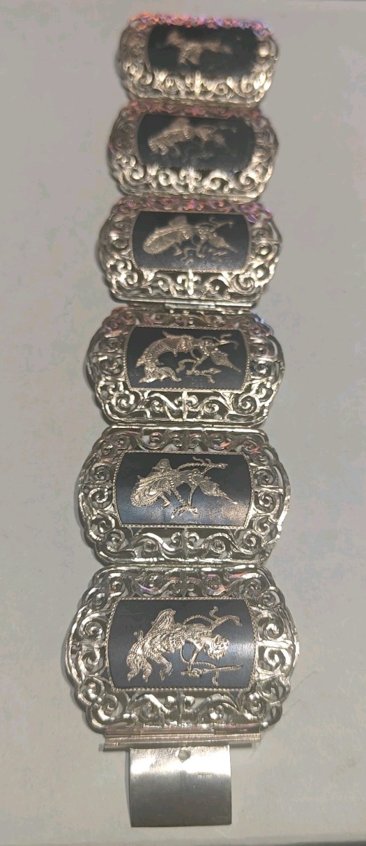 Vintage Sterling Silver Niello Black Enamel Thai Dancer Panel Bracelet lot of 2