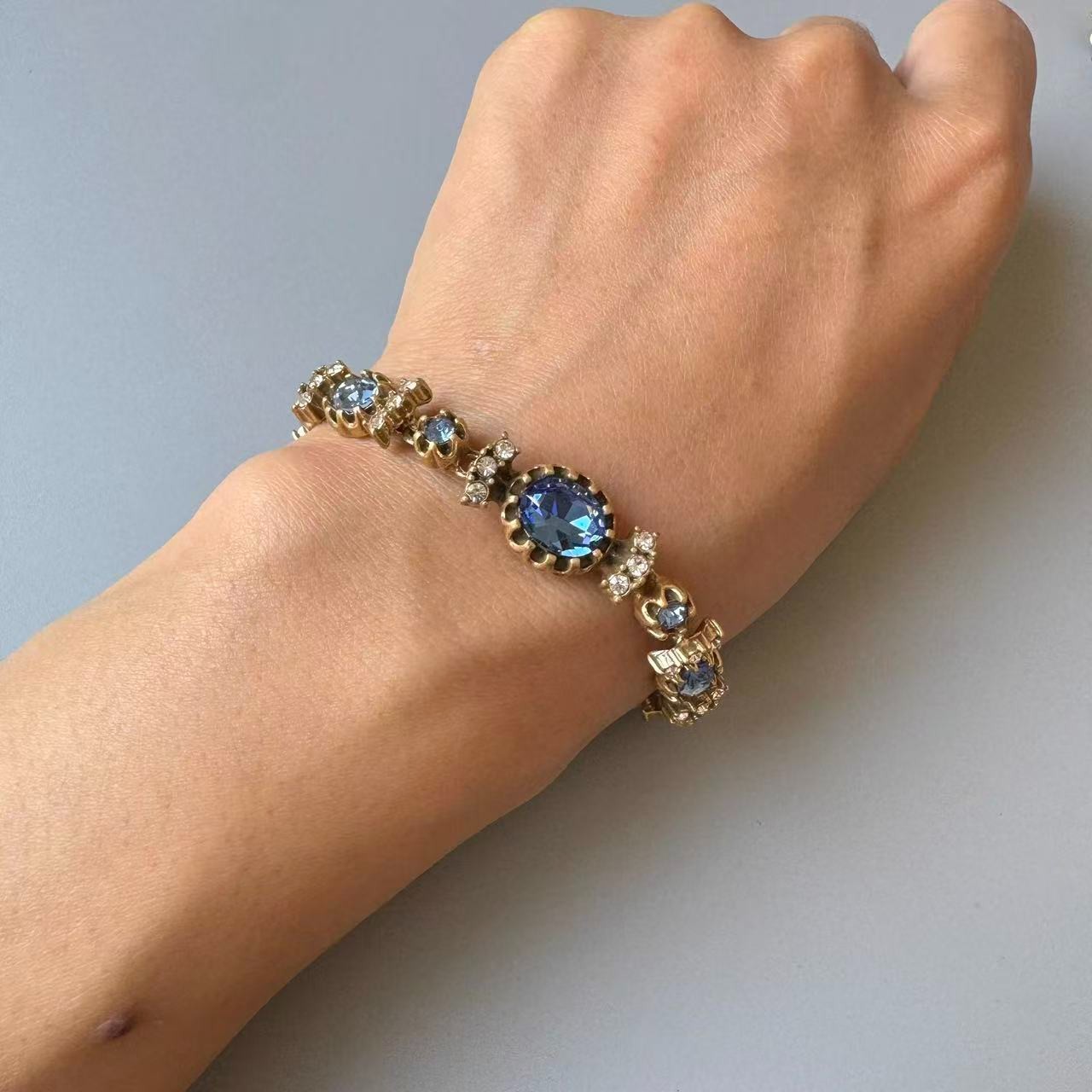 Vintage Blue Rhinestone Necklace & Bracelet Gold Tone StatementVictorian Style
