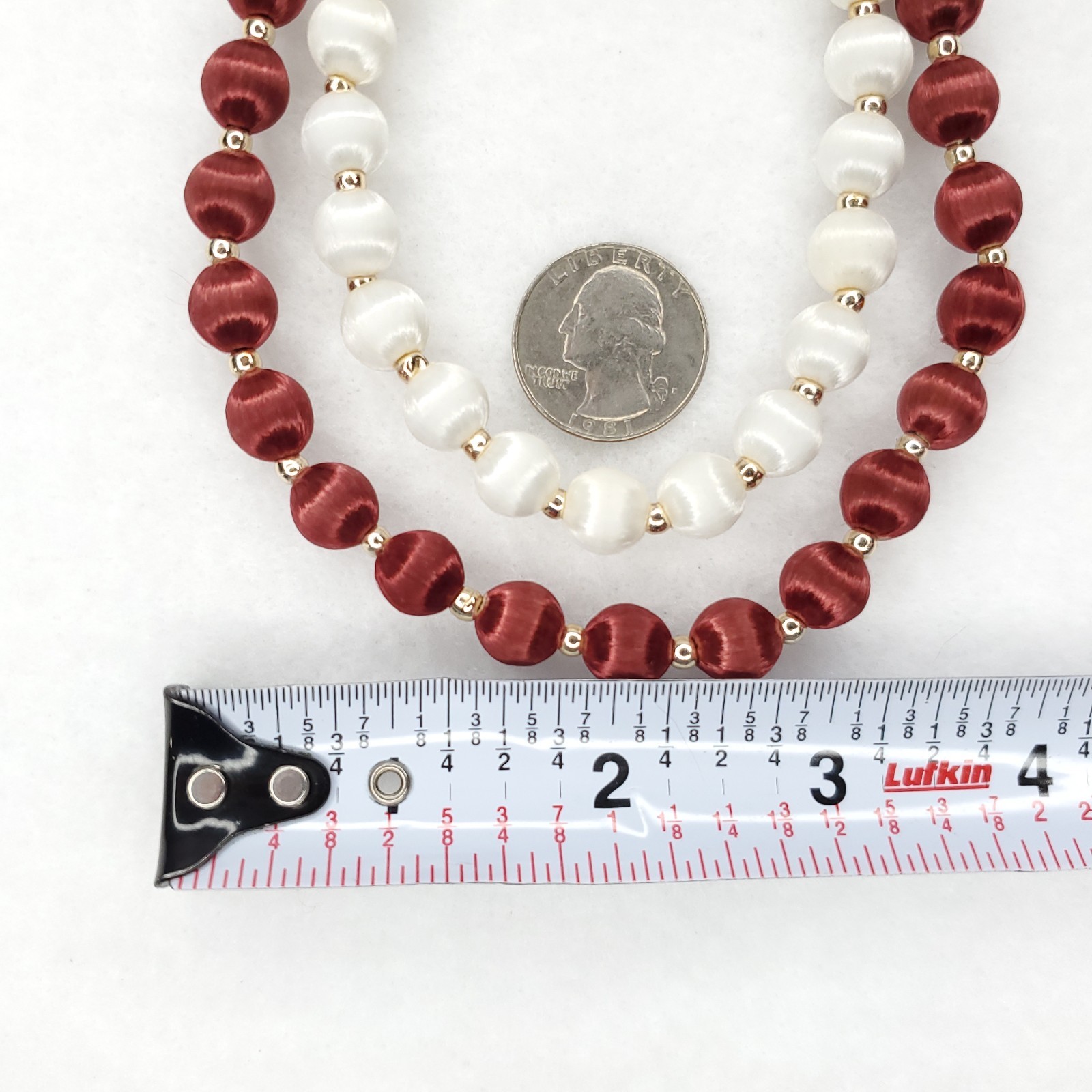 Vintage Satin Beaded Necklace White Burgundy Red Gold Tone 29″ 32″