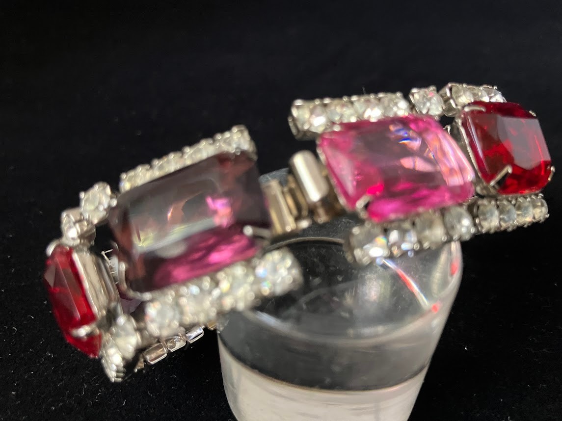 Vintage Rhinestone Panel Bracelet Square Cut Chunky Bling Purple Pink Red Clear