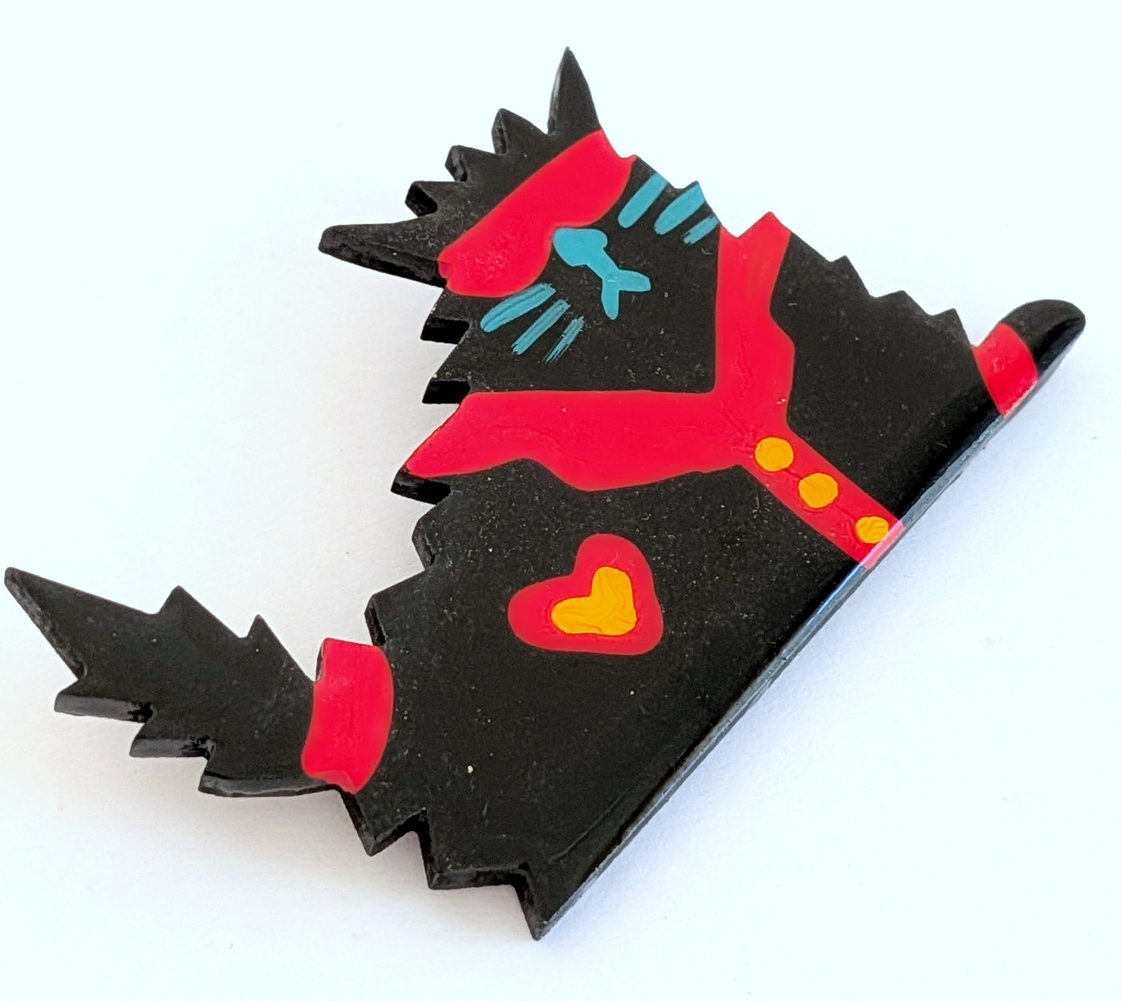 Modernist Wood Enamel Glossy “Cool” Cat Brooch Pin
