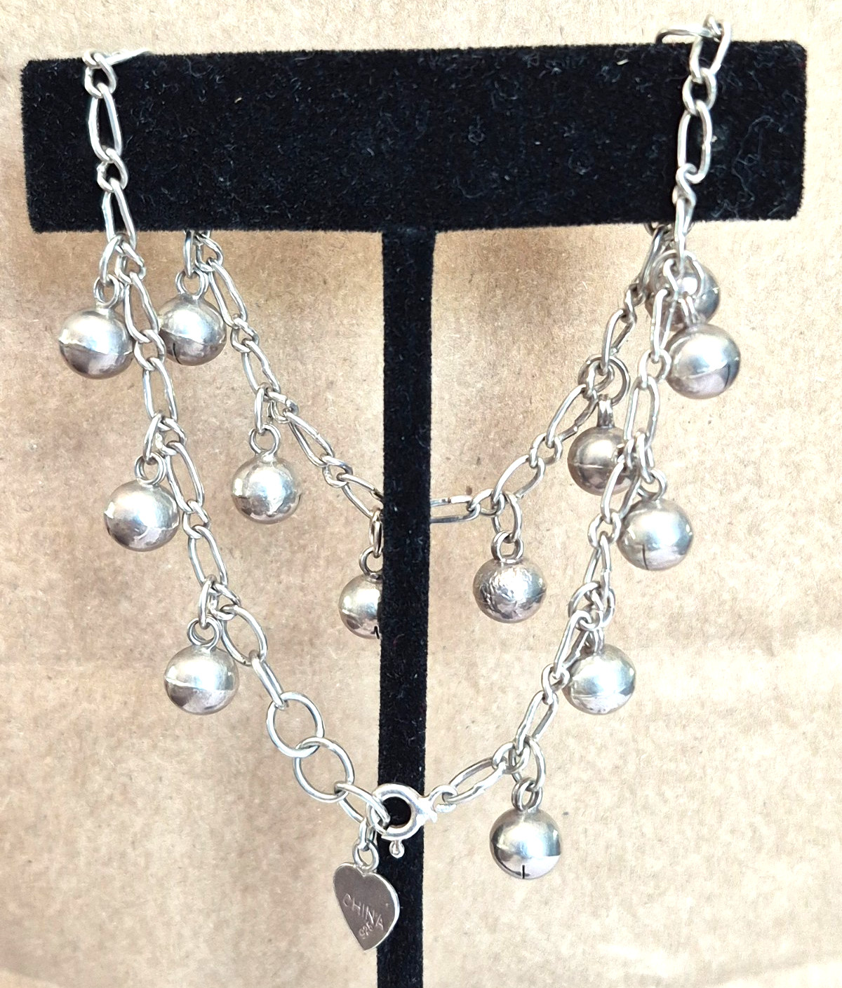 Vintage Sterling Silver Multiple Ball Dangle Pendants Anklet w/Heart Charm