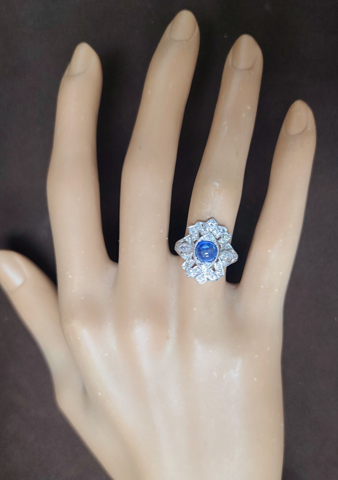 Vintage Platinum Ring 1.23CT. Natural Blue Sapphire cabochon round circ 1930’s