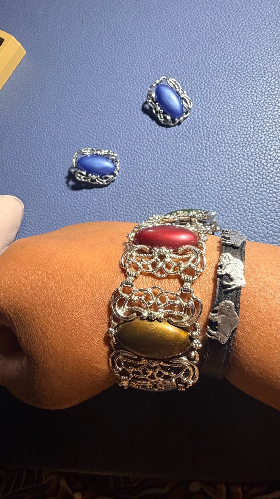 Vintage Sarah Coventry Carousel Silver Tone Multi-Color Cabochon Bracelet and Ea