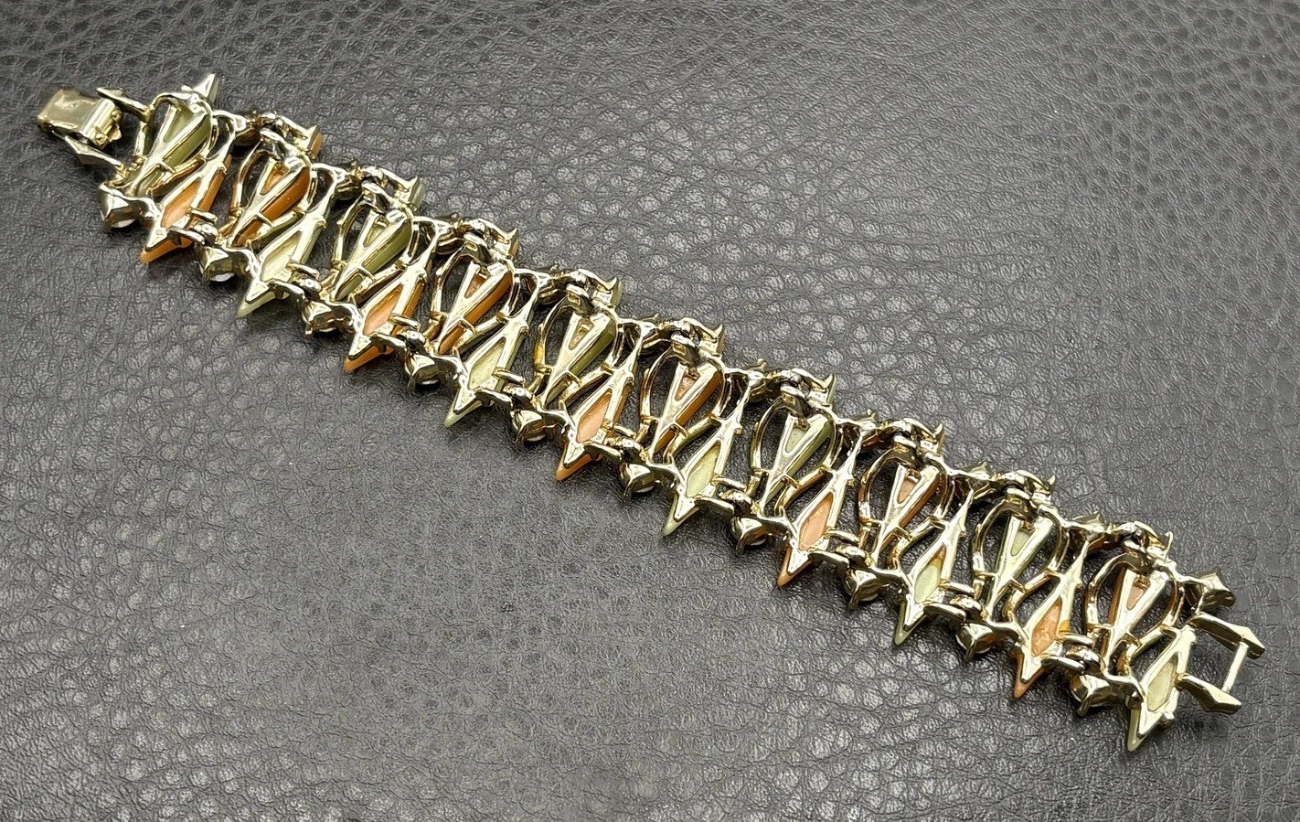 VTG Thermoset Green Orange Leaf Mod Bracelet Aurora Borealis AB Rhinestone