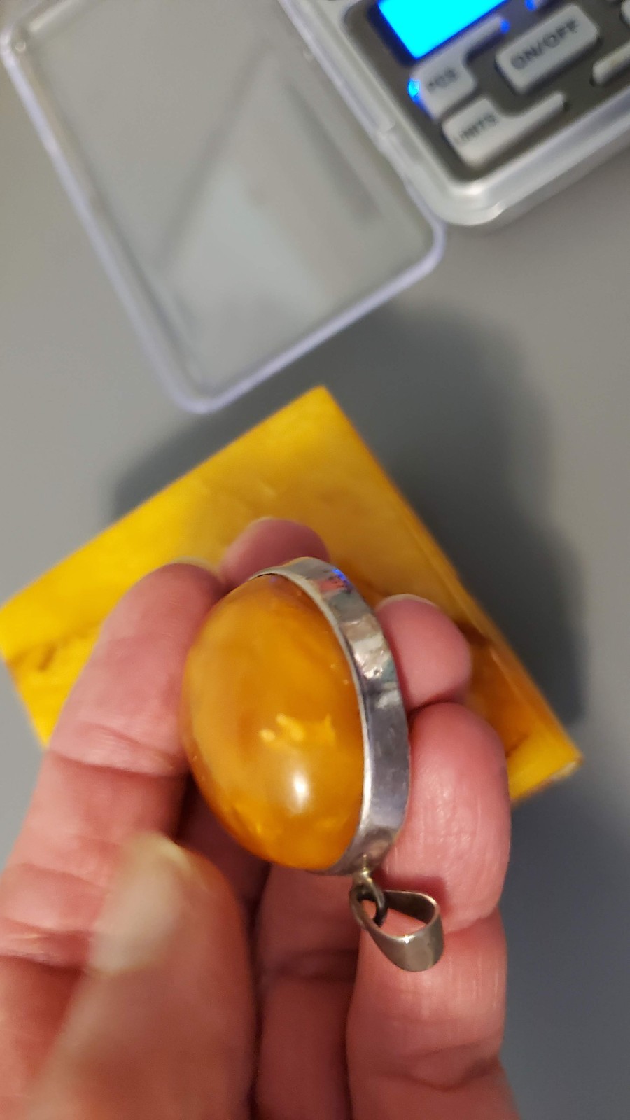 Vintage Lithuania butterscotch amber box and huge sterling pendant set