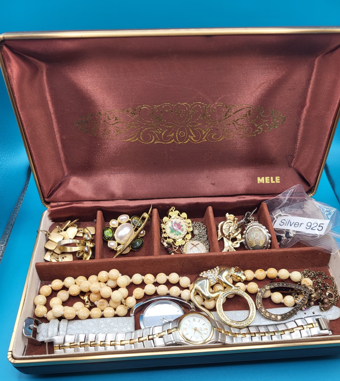 High Quality Vintage Jewelry Lot 17 Pieces Including Silver w Mele Leather Box