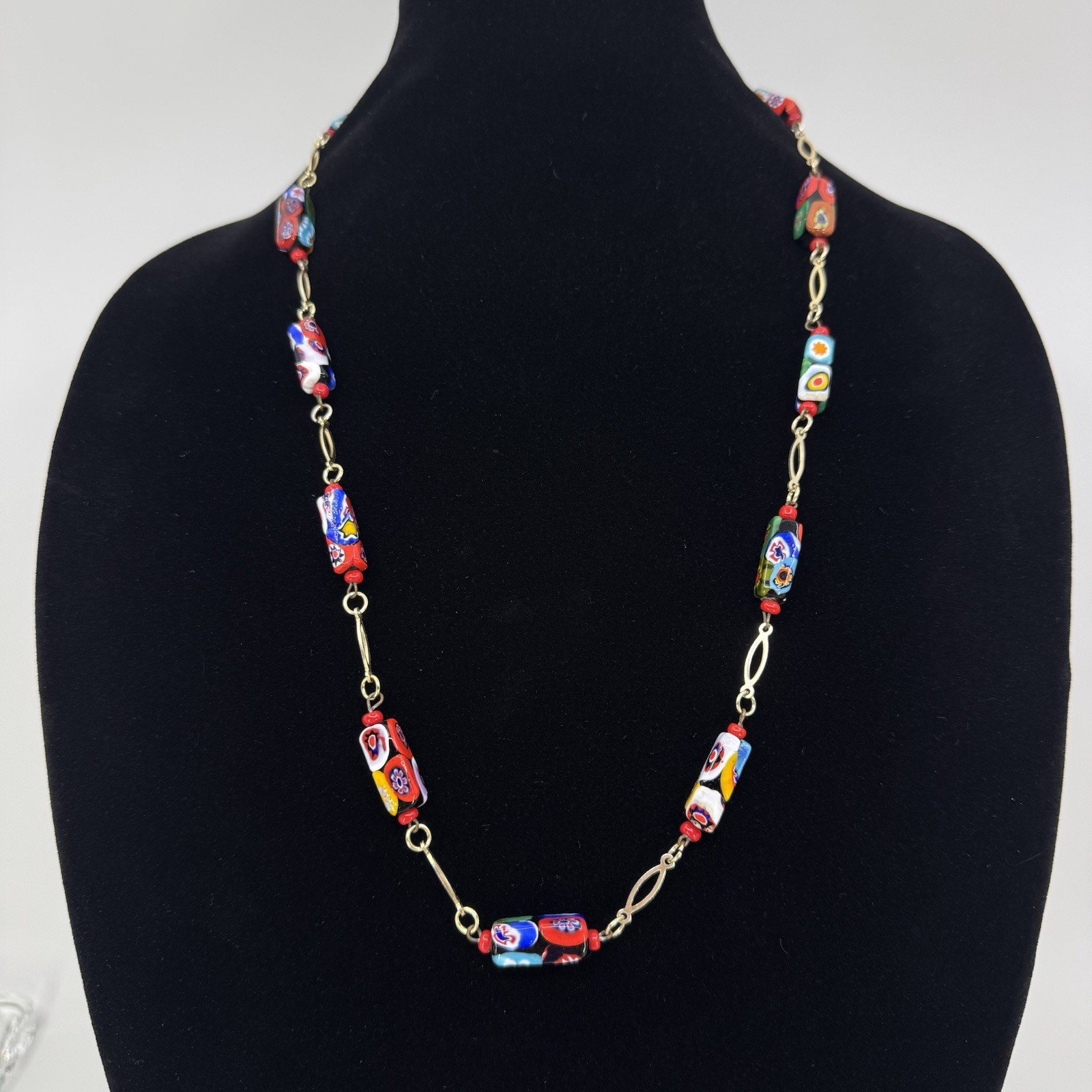 Vintage Millefiori Rectangle Glass Bead Necklace Gold Tone 29”