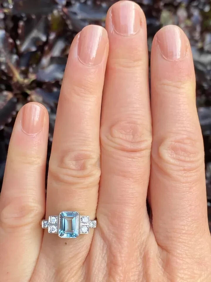 3Ct Aquamarine Art Deco Vintage Style & Lab-Created Diamond Wedding Silver Ring