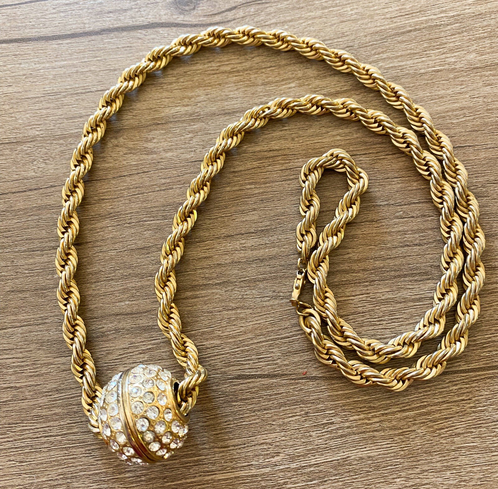 VTG Heavy 14K Gold Plated Rope Chain Crystal Pave Slide Ball Enhancer Necklace
