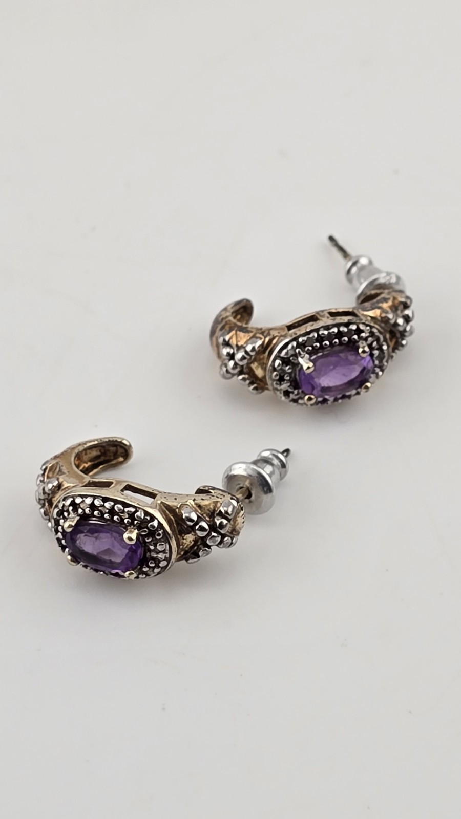 Vintage Brass-Plated 925 Silver Half Hoop Earrings with Amethyst