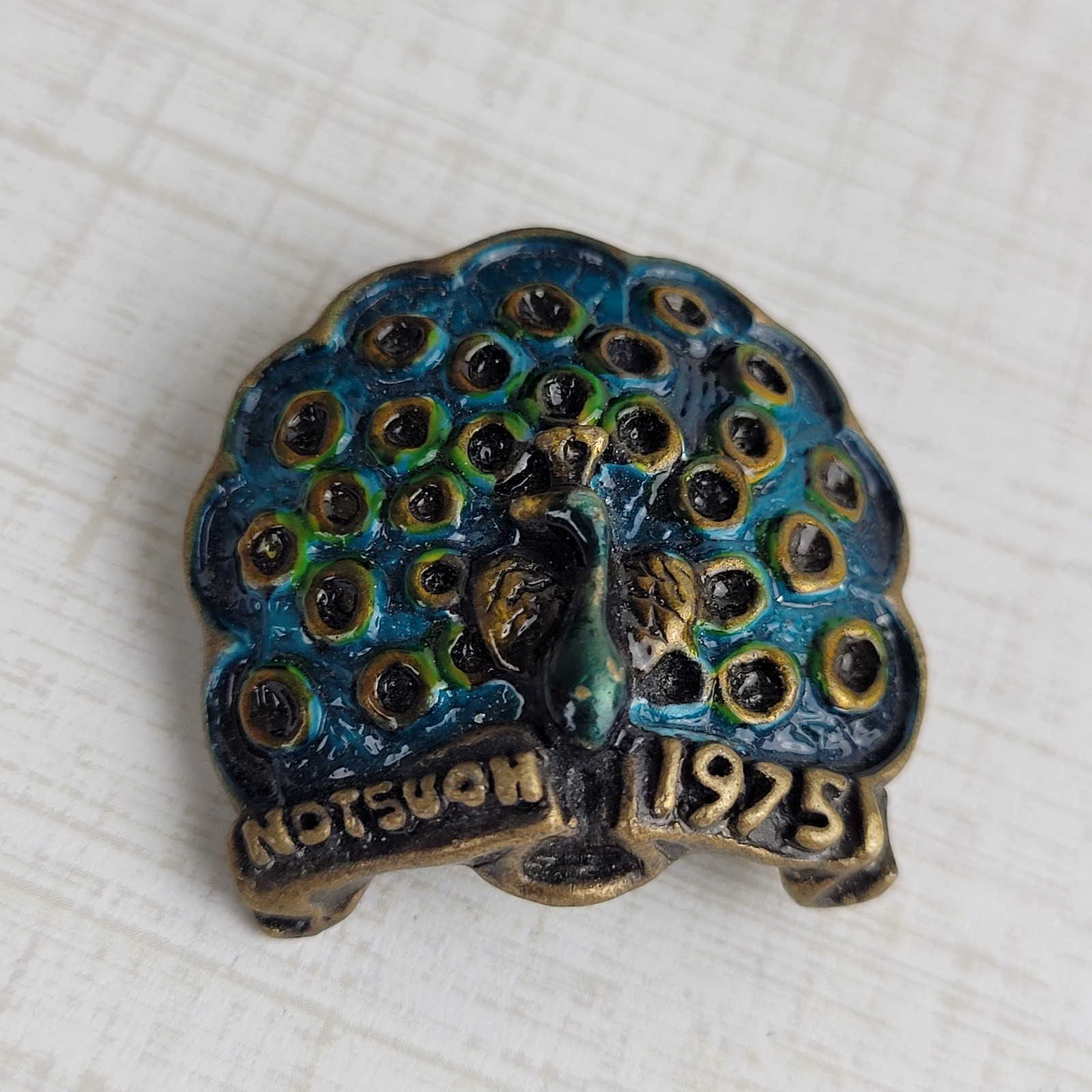 Vintage Peacock Brooch Metal Multicolor Enamel Notsuoh 1975 Houston Signed KIM