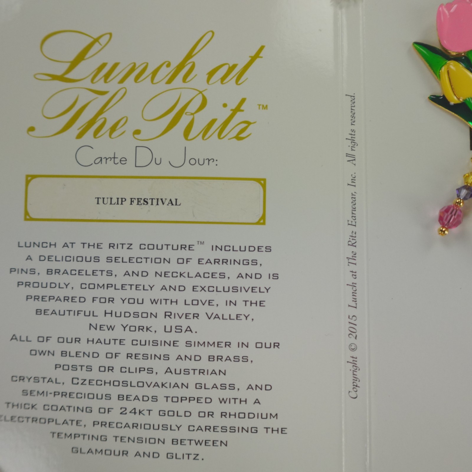 Lunch at the Ritz Earrings Tulip Festival Signed Clip On Menu Card
