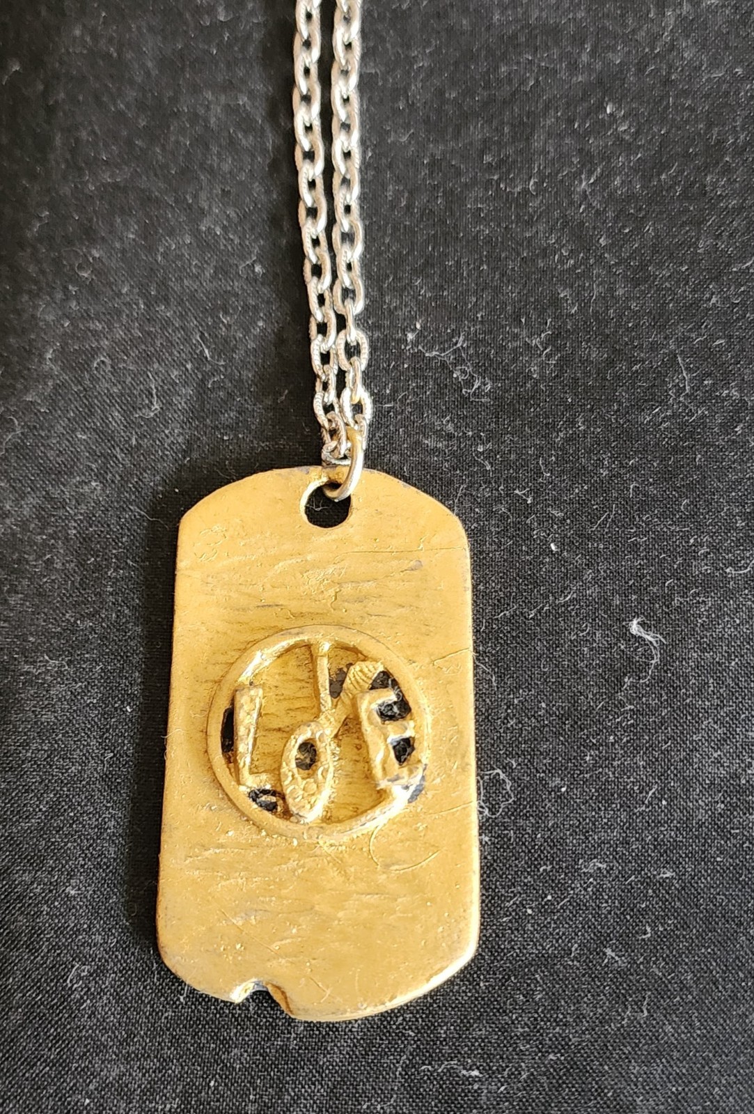 Vintage LOVE Dog Tag Pendant Necklace Pewter Painted in Gold Color