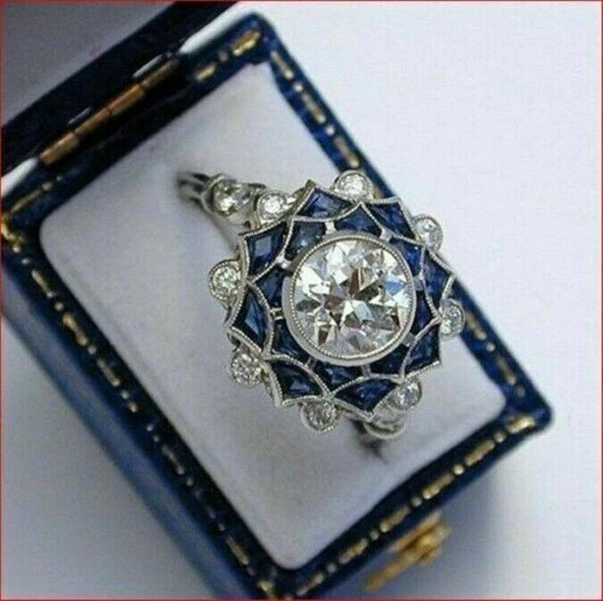 Art Deco Style Lab Created Diamond & Sapphire Engagement 14K White Gold FN Ring