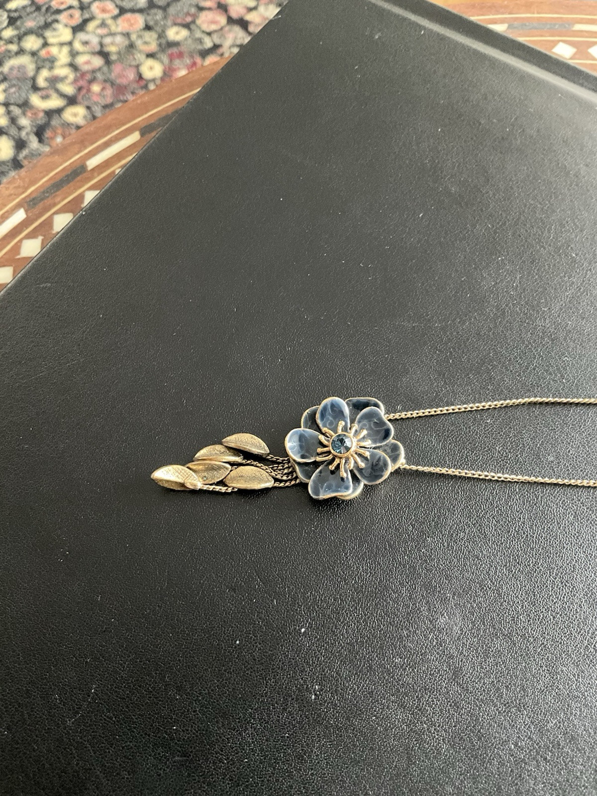 Double Signed Pilgrim Gold Tone Necklace With Blue Enamel Flower Rhinestone Ctr