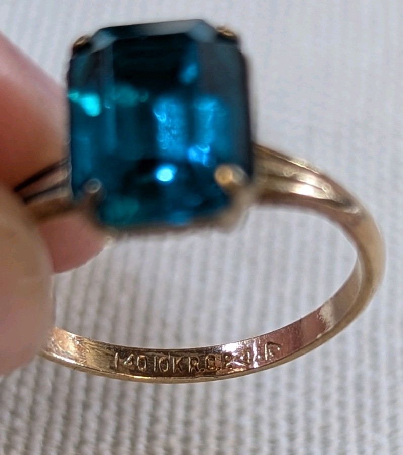 Vintage Teal Emerald Cut Statement Ring Sz 7.5 Art Deco Style Rolled Gold Plated