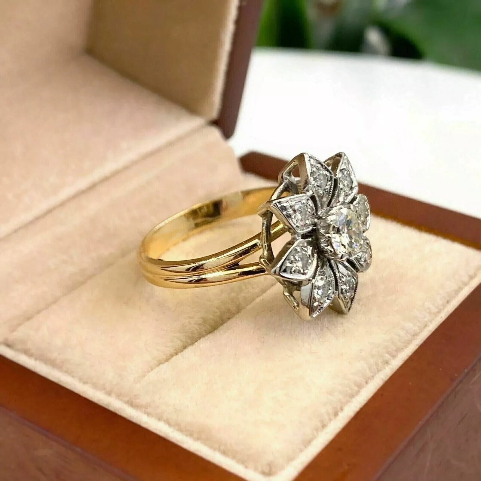 2Ct Art Deco Flower Round Cut Lab Created Diamond 14K Gold FN Anniversary Ring