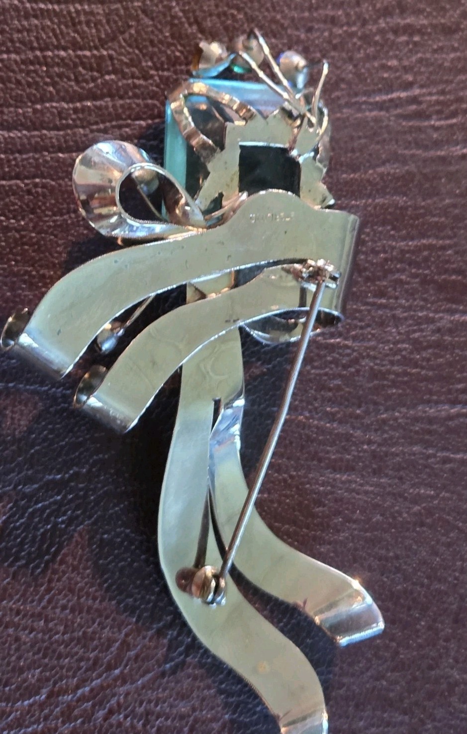 1940s Unsigned Glamourous Sterling Silver 4″ Brooch w/ Large Aqua Stone