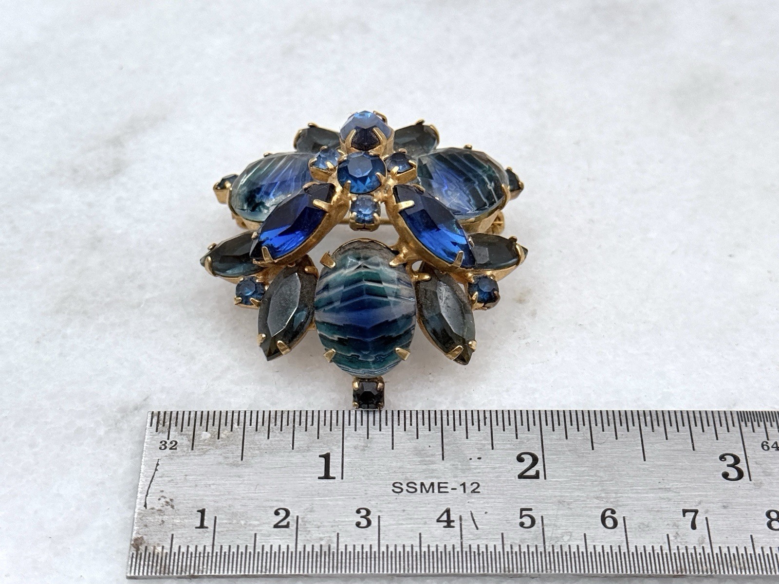 Stunning Vintage Brooch Pin With Blue Stones Layered Domed Rhinestones.
