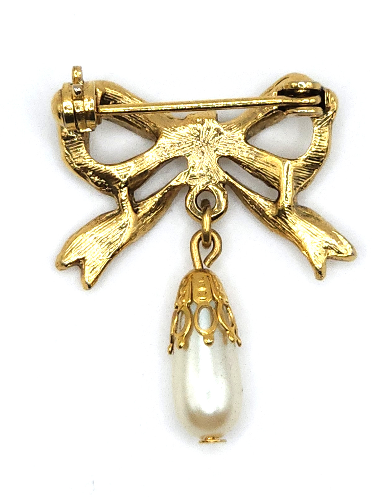 Victorian Revival Style Embossed Bow Brooch w Pendant Teardrop Faux Pearl Drop