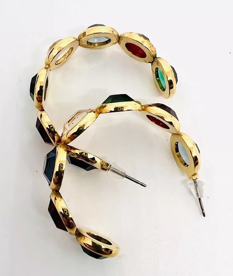 Large Multicolored Bezel Set Crystal Hoop Earrings Posts Vintage Jewelry