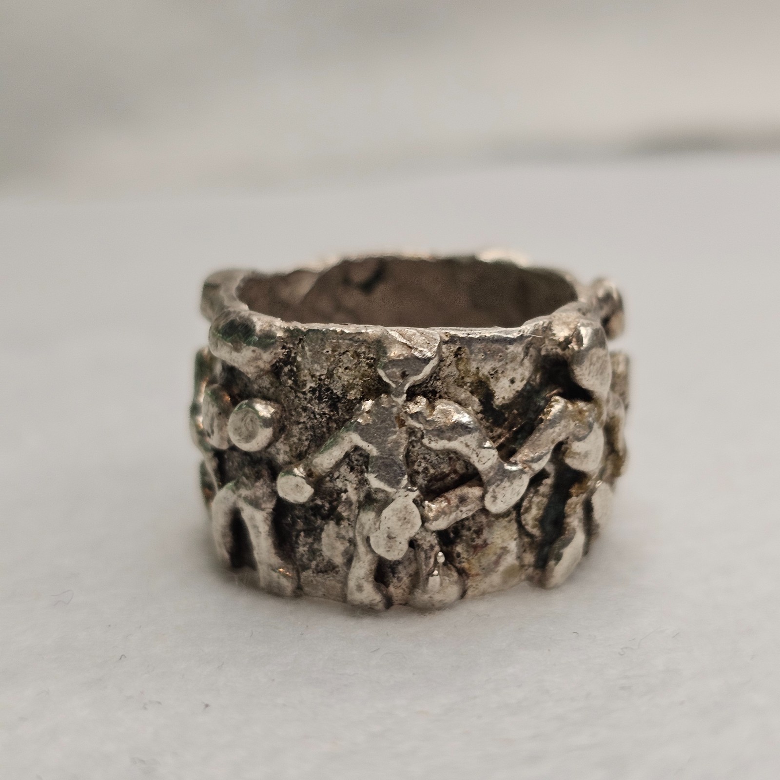 Vintage Brutalist Sterling Silver Abstract Figural Wide Band Ring Size 10 26.85g