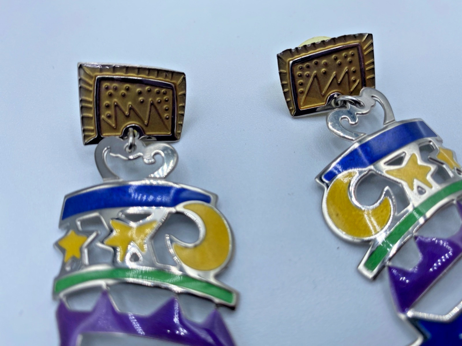 Edgar Berebi Earrings Enamel Silver Tone Metal 2.75” Long Coyote and Moon VTG