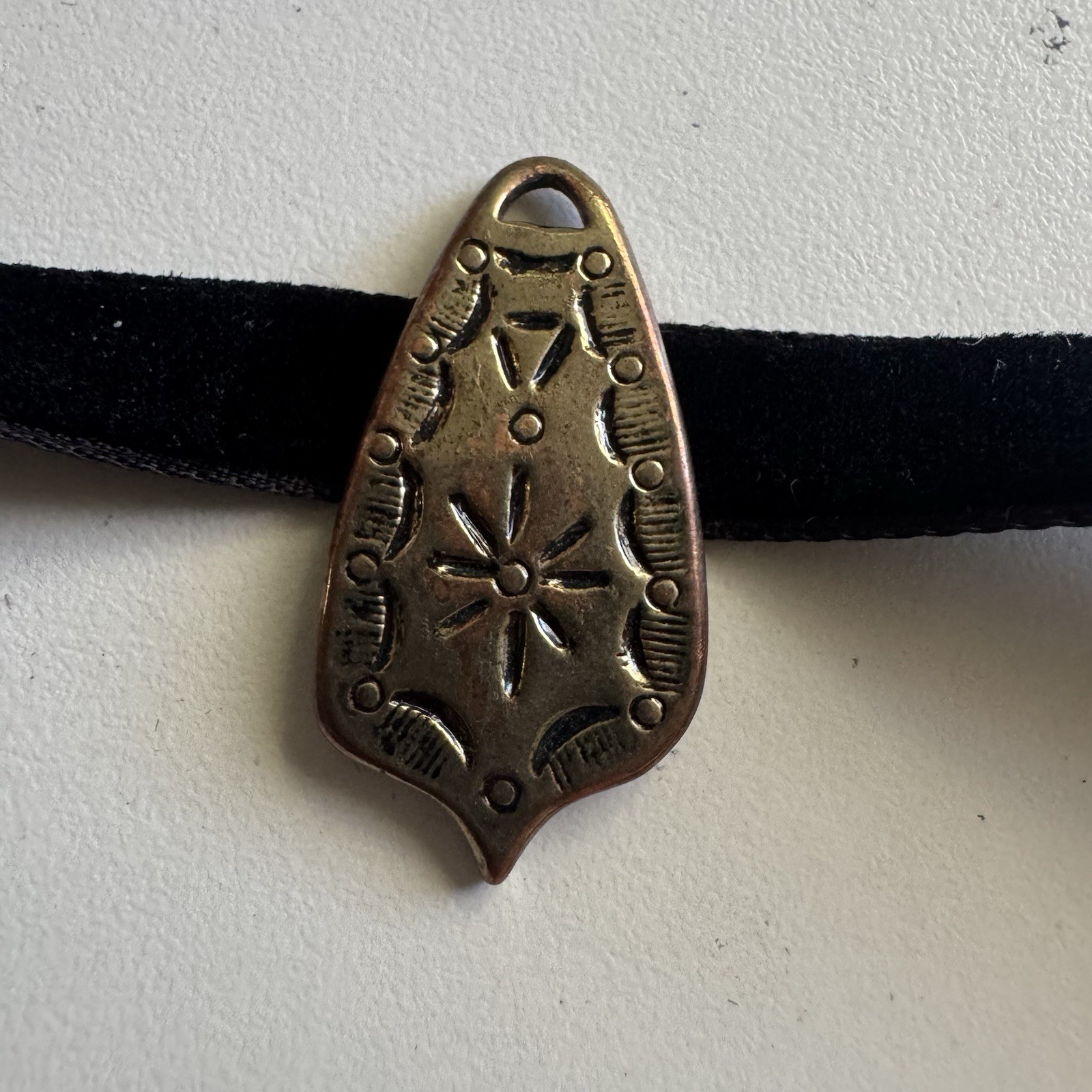 Rare handmade black velvet choker antique engraved celestial floral details