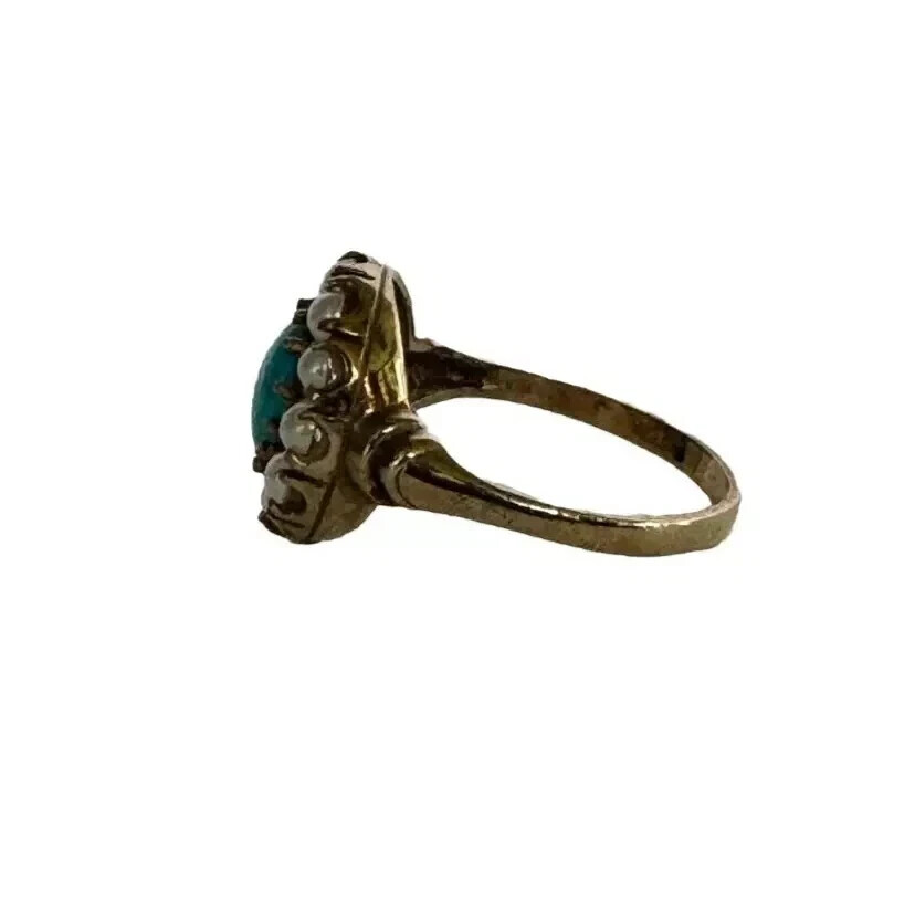 Vintage Cluster Women’s Ring 14k Yellow Plated Lab Created Turquoise & Pearl