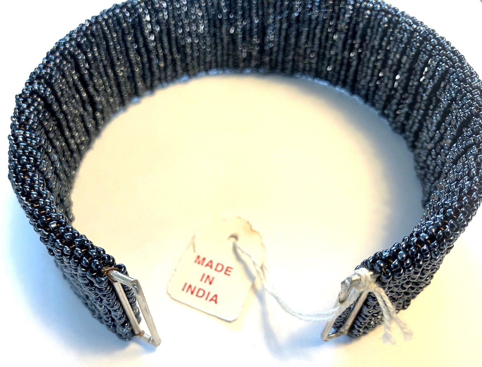 Vintage Hand Woven Hematite Glass Seed Bead Wired 1.5″ Collar Flex Choker 34