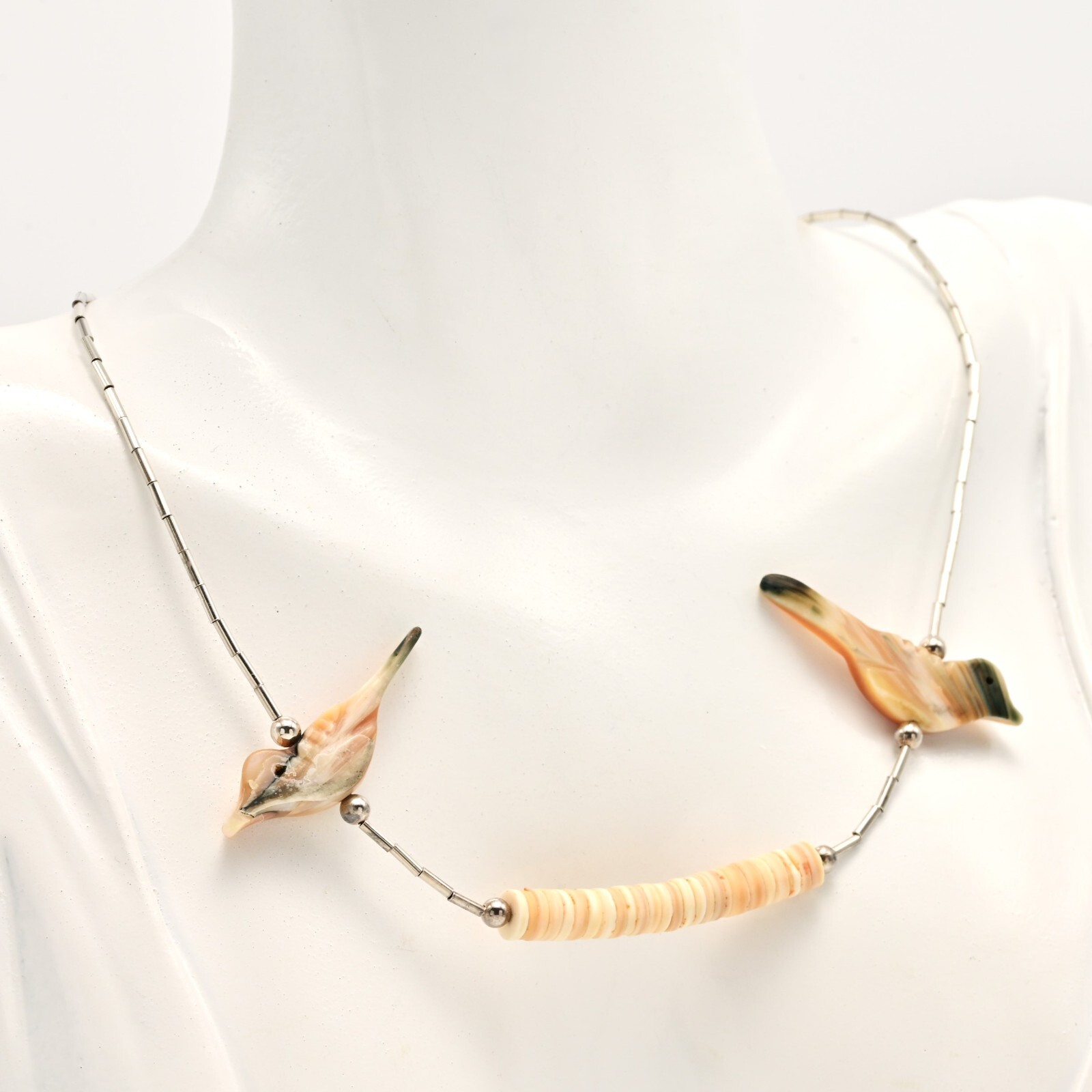 Vintage Original Native American Sterling Silver Mother of Pearl Bird Necklace