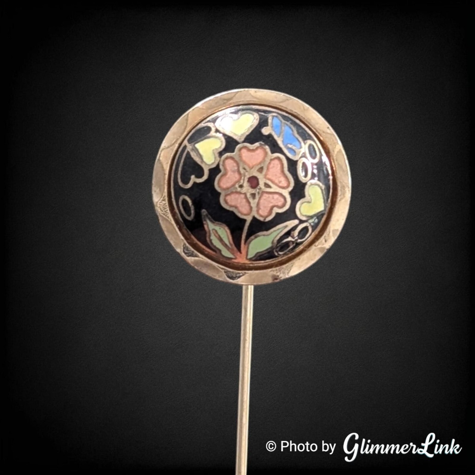 Vintage Round Floral Heart Multicolor Cloisonne Enamel Dome Gold Tone Stick Pin