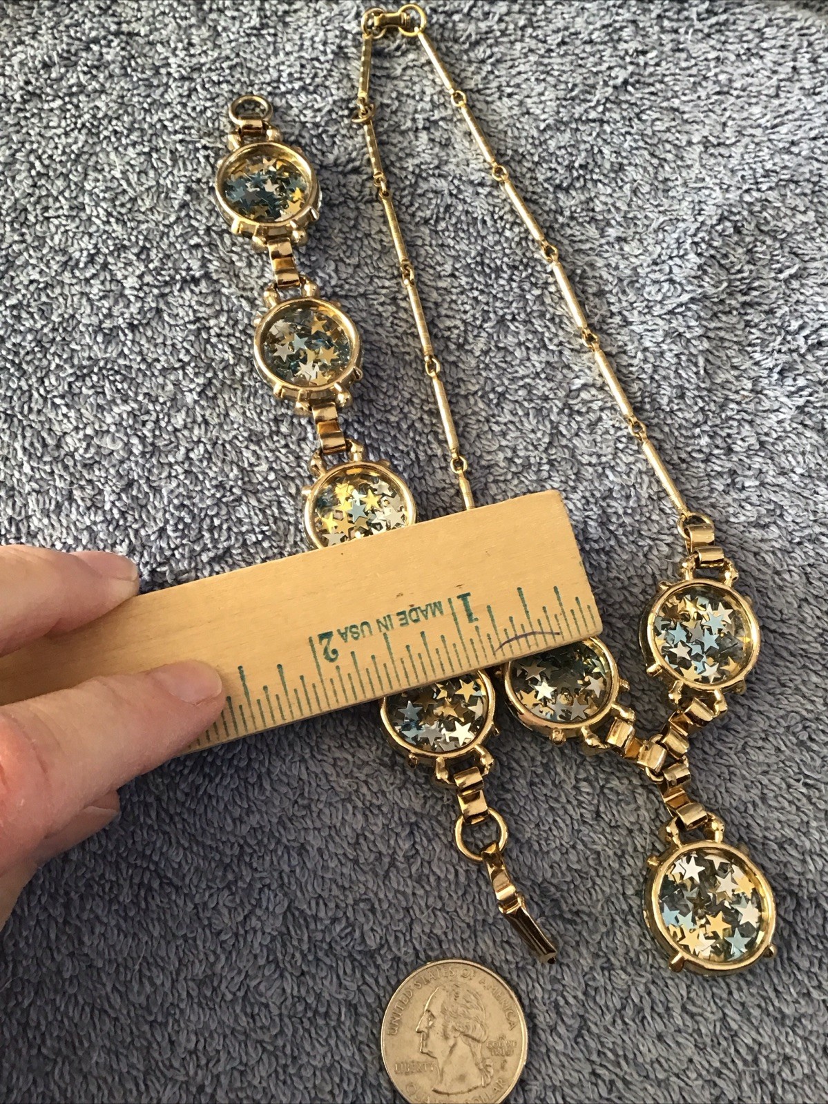 Vtg Confetti Necklace Bracelet Set Gold StarIntaglio Y Drop Pendant Choker Lot 2