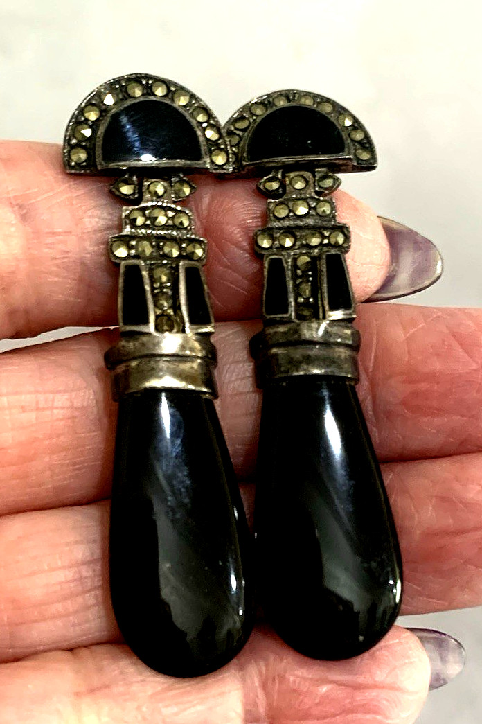 Vintage Signed 925 ND Sterling Black Onyx & Marcasite PE Dangle Earrings