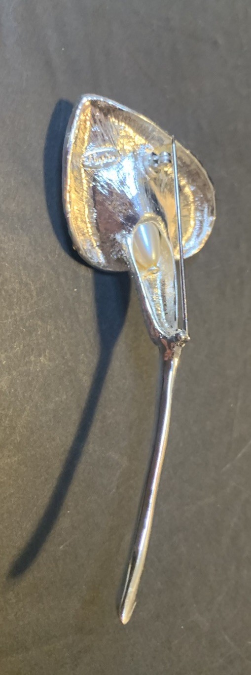 Napier Brooch Calla Lily flower Pin Rhinestones Silver Tone Faux Pearl Vintage