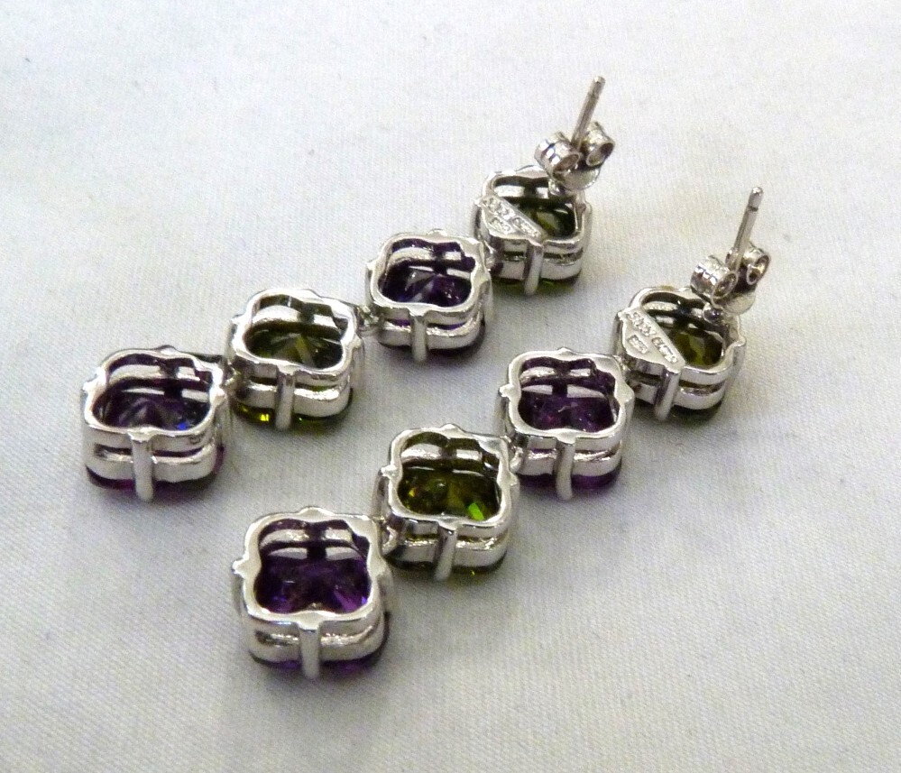 DESIGNER JJJ PURPLE & GREEN CRYSTALS STERLING SILVER DANGLE EARRINGS 1 5/8″ LONG