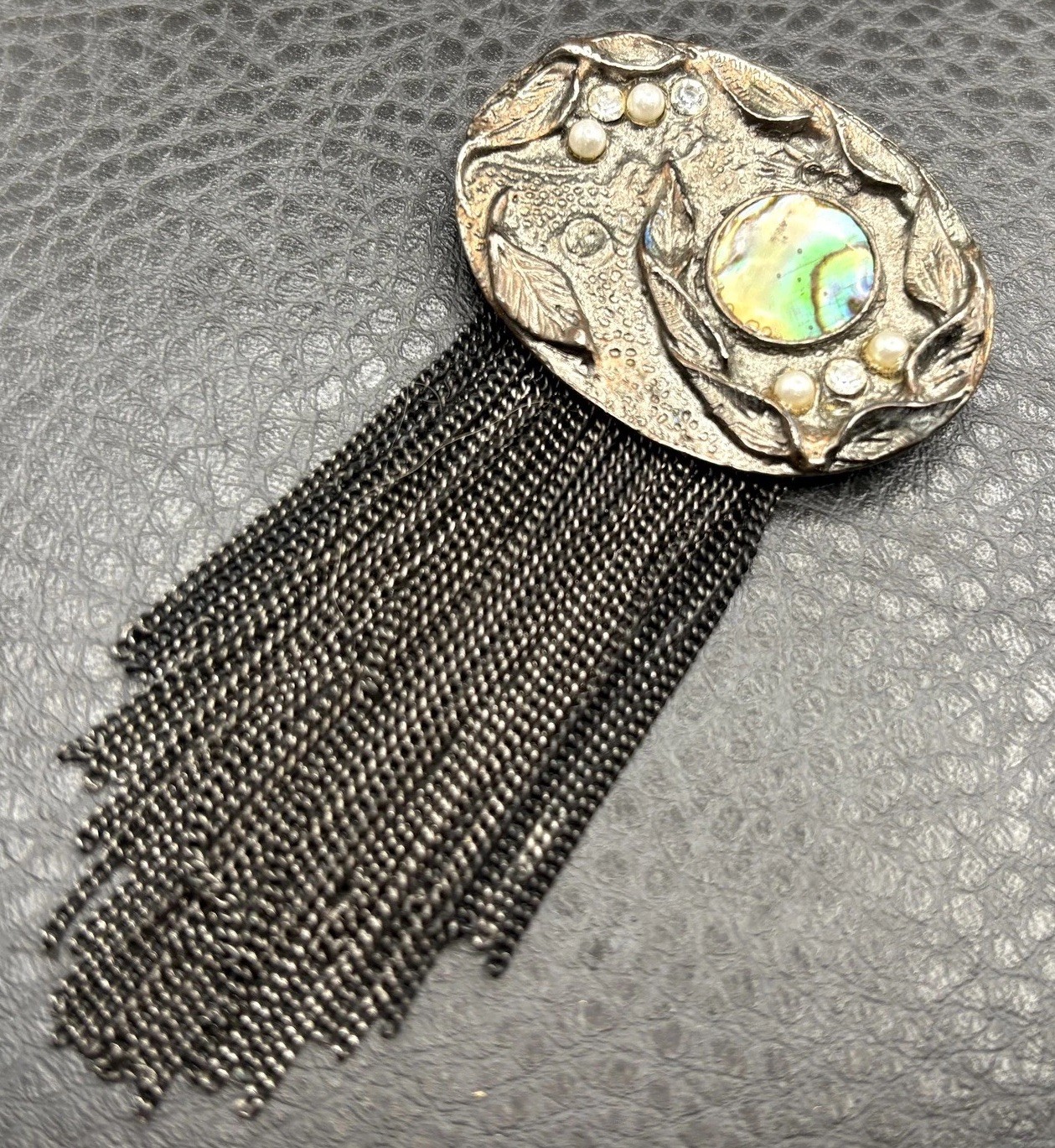 VTG 3.5” Silver Tone Fringe Abalone MOP Tassel Chains Dangle Pin Brooch