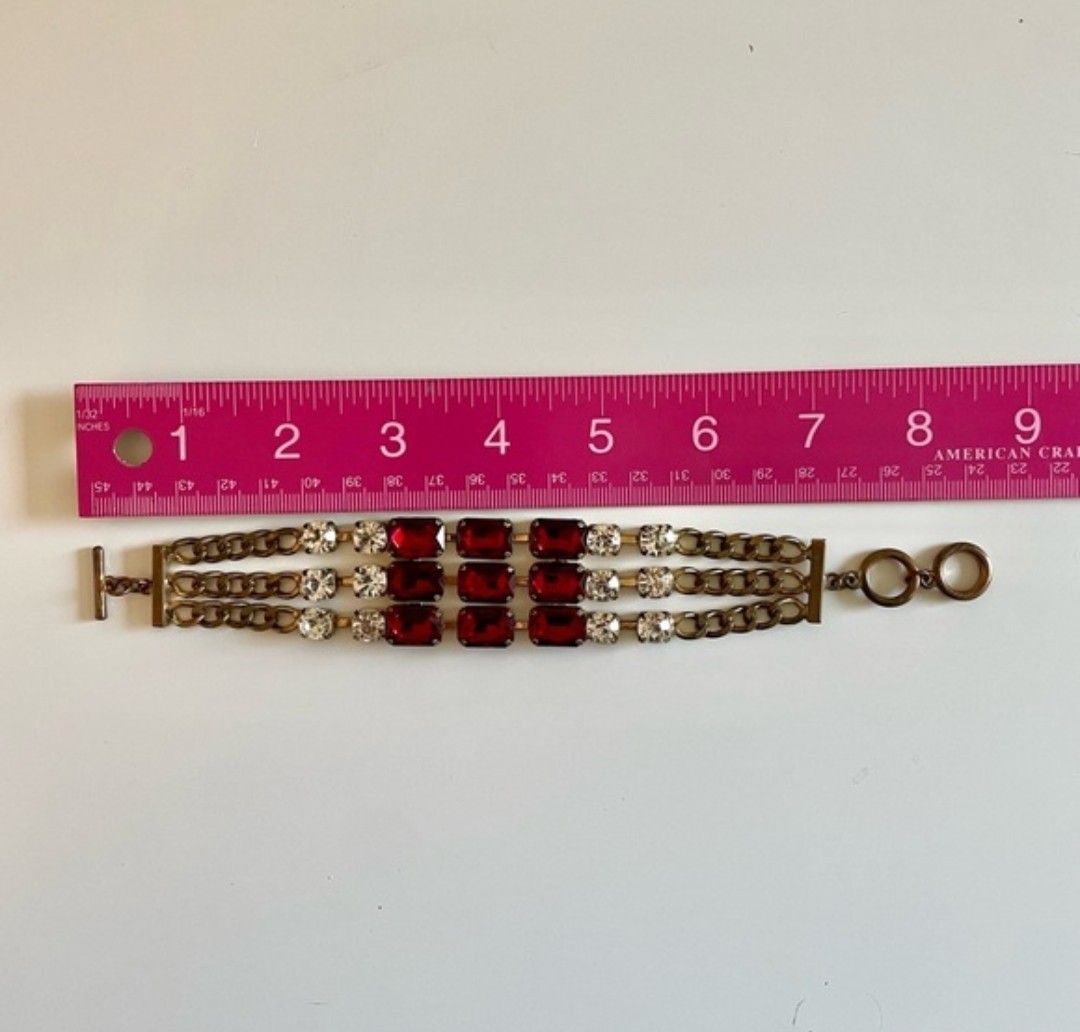 Vintage Bracelet Chain Link Gold Tone With Red & Clear Stones