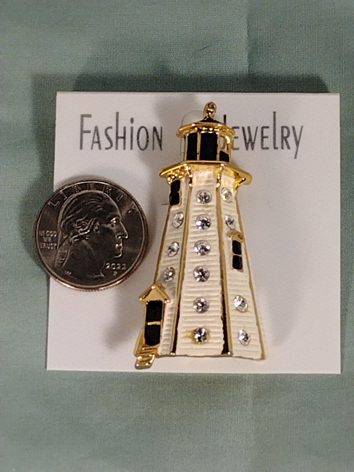 Vintage NOS Lighthouse w/Rhinestones & Enamel Fashion Brooch Jewelry Black Gold