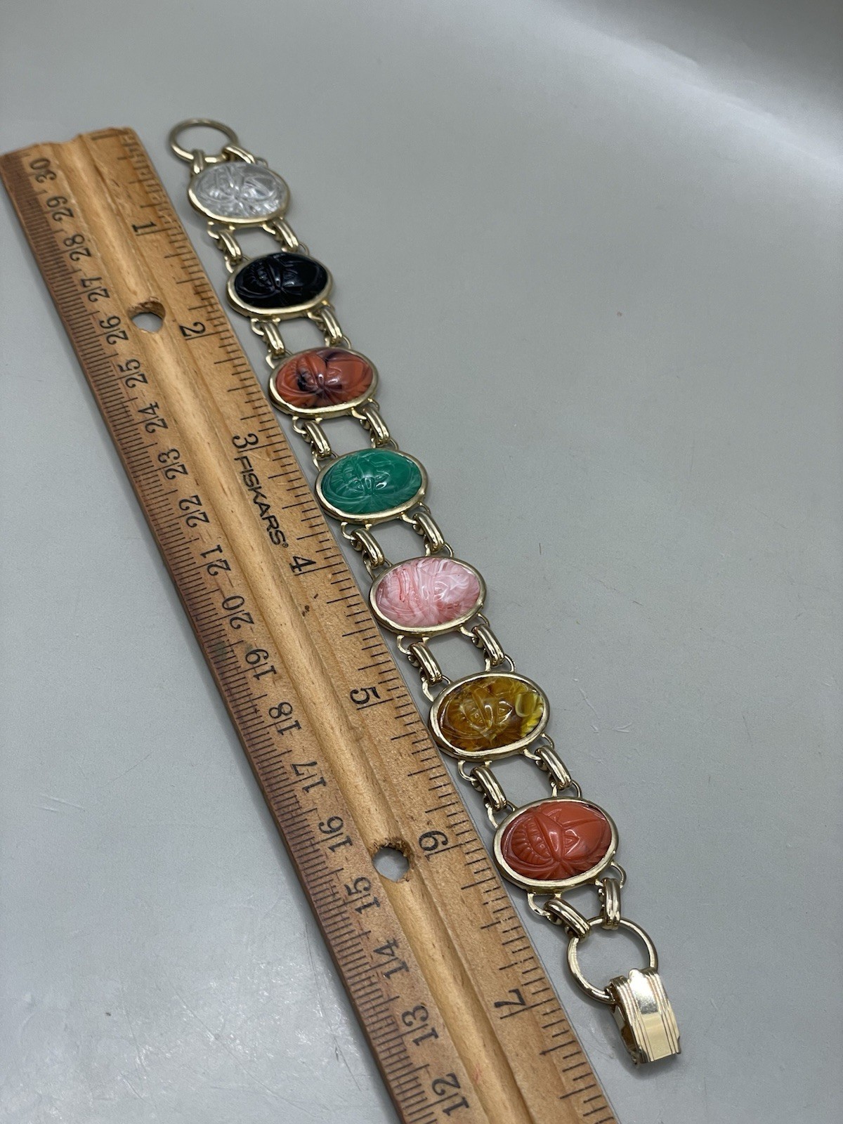 Vintage Signed Coro EGYPTIAN REVIVAL SCARAB GoldTone Multicolor Lucite Bracelet