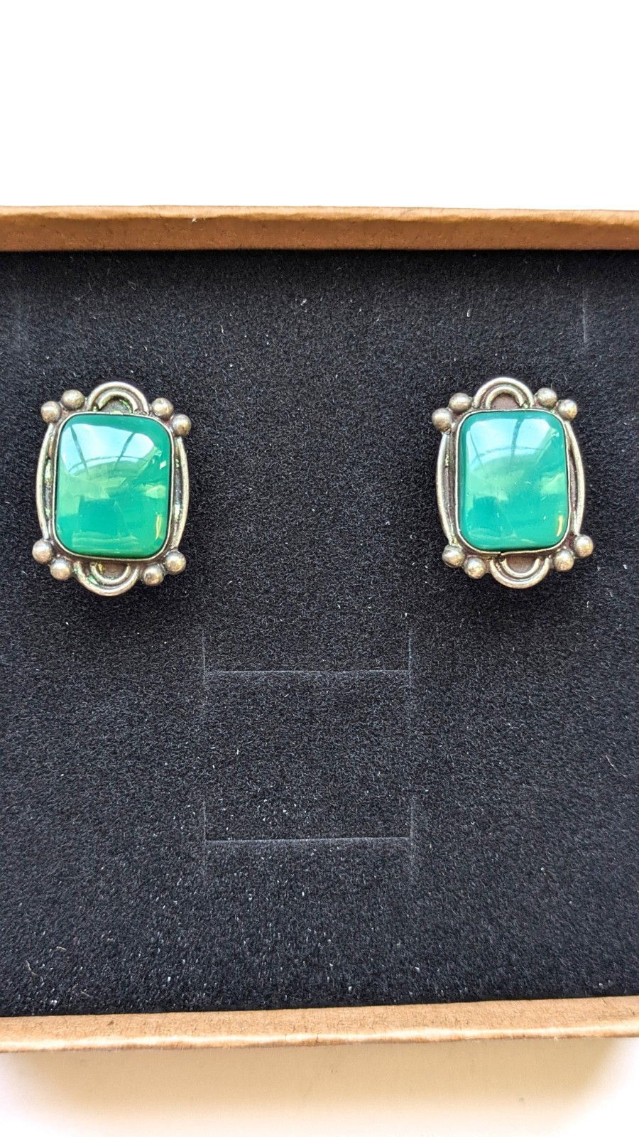Morales Medrano 925 Sterling Silver Green Onyx Rectangular Cabochon Earrings