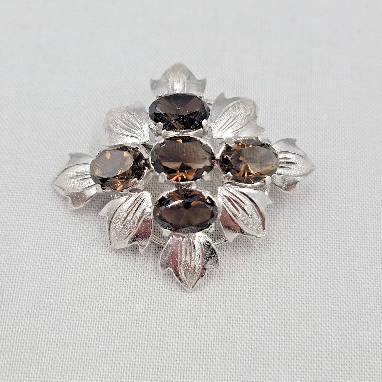 Vintage Brown Topaz Brooch Silver Leaf Pendant 1.75″