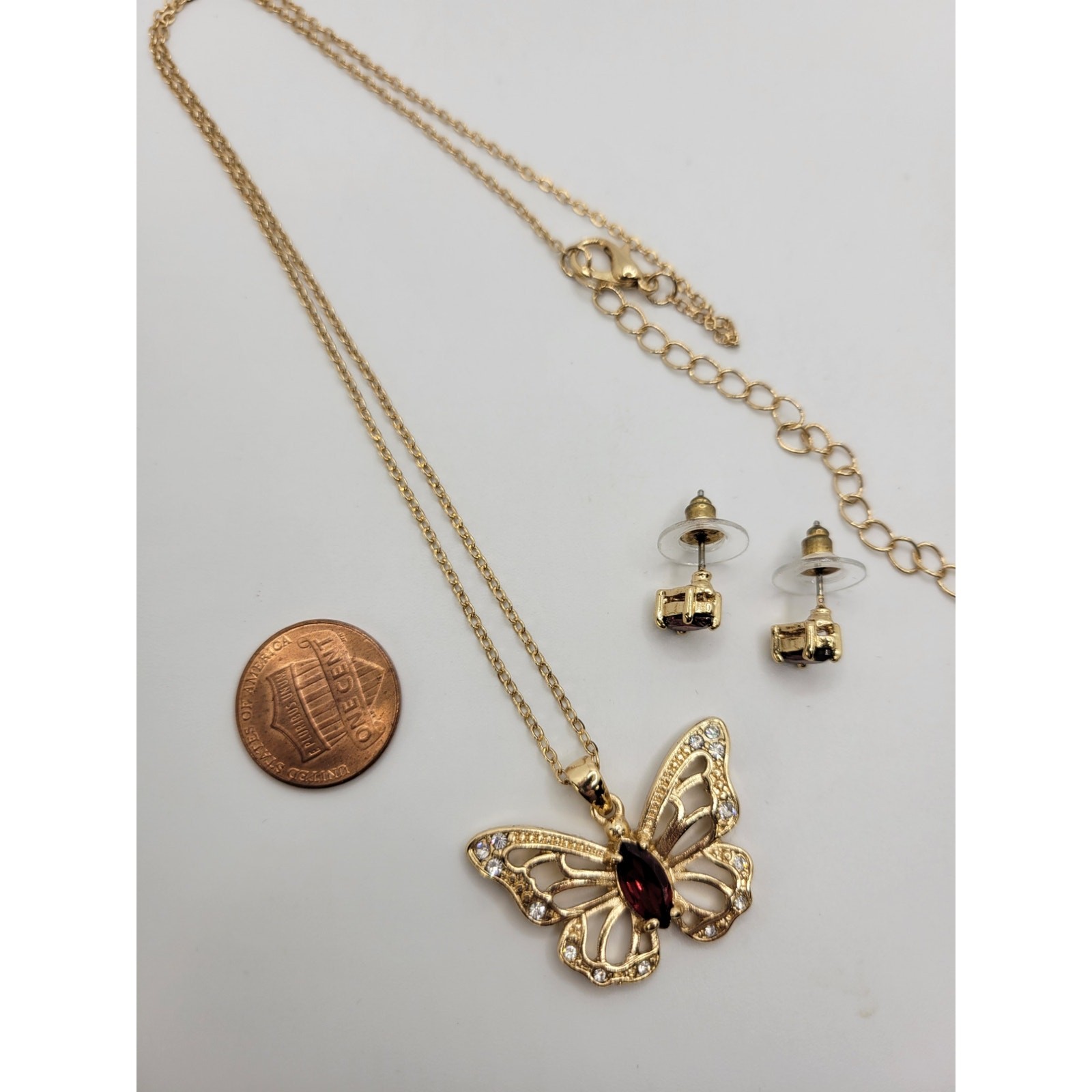 Garnet Butterfly Pendant Necklace Stud Earrings Set Goldtone Crystal Rhinestones
