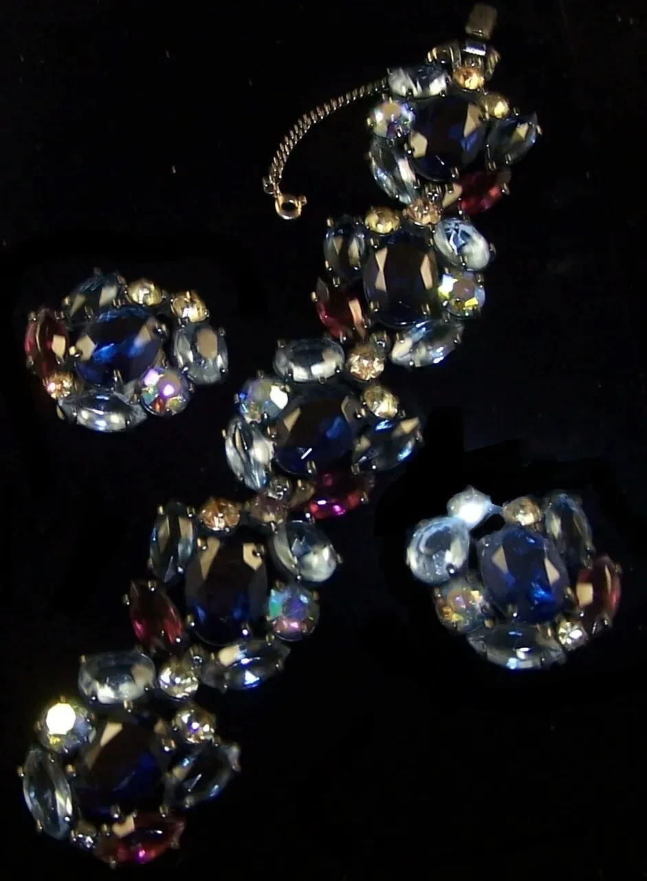 SCHIAPARELLI Sapphire Amethyst Aurora Borealis Crystals Bracelet & Clip Earrings