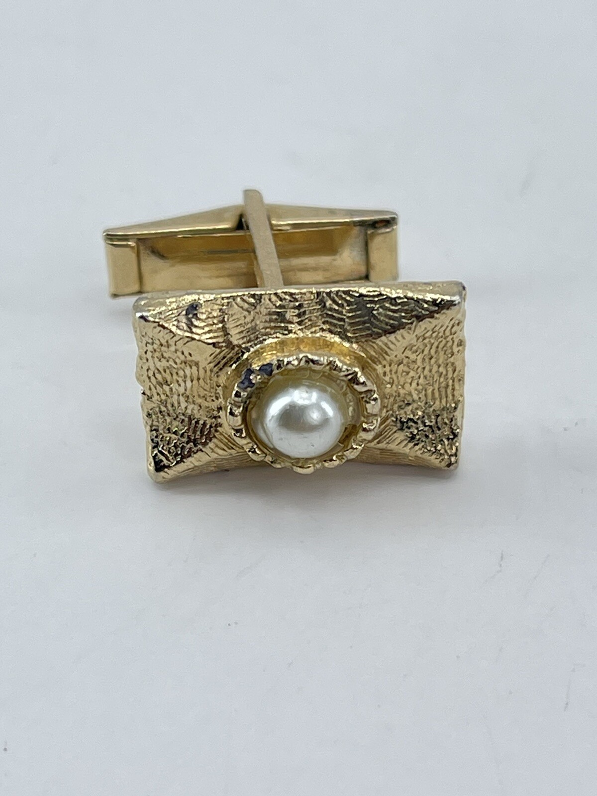 Vintage Faux Pearl mens cufflinks rectangle brushed gold tone concave whale back