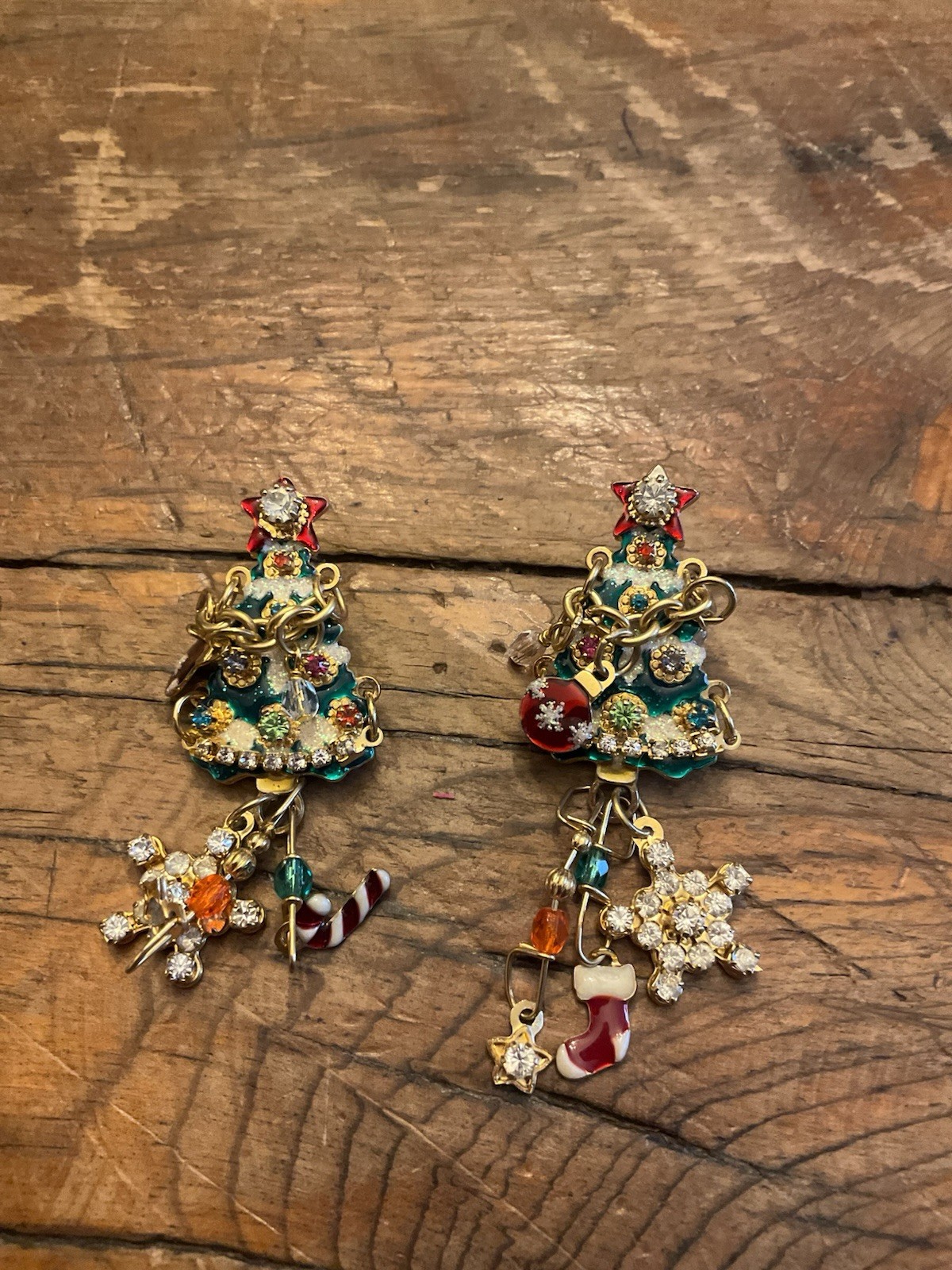 Lunch at the Ritz Christmas Tree Earrings Dangling Ornaments Gold Plated Pierced