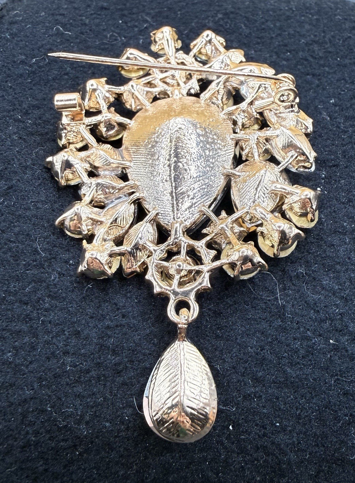 Vintage Rhinestone Brooch Dangle Pendant Smoky Black Gray Topaz Statement Pin 3”